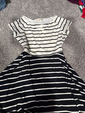 LOFT Black and White Striped Fit-and-Flare Dress